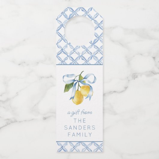 Waterverf Blue Bow Lemons Cadeaubehuizing Flessenhanger (Voorkant)