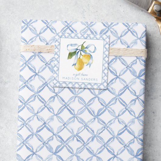 Waterverf Blue Bow Lemons Cadeaubehuizing Notitiekaartje