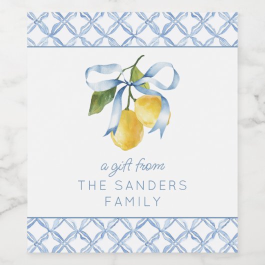 Waterverf Blue Bow Lemons Cadeaubehuizing Wijn Etiket (Enkel label)