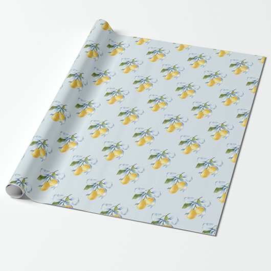 Waterverf Blue Bow Lemons Cadeaupapier (Uitgerold)