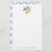 Waterverf Blue Bow Lemons gepersonaliseerd Briefpapier (Voorkant / Achterkant)
