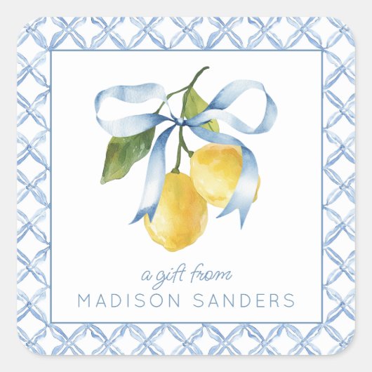 Waterverf Blue Bow Lemons Gift Vierkante Sticker (Voorkant)
