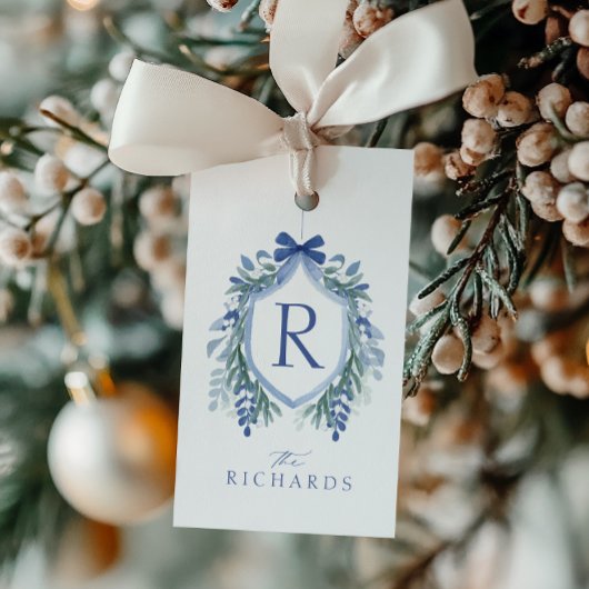 Waterverf Blue Bow Winter Greenery Crest Gift Labe Cadeaulabel