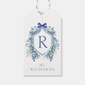 Waterverf Blue Bow Winter Greenery Crest Gift Labe Cadeaulabel (Voorkant)