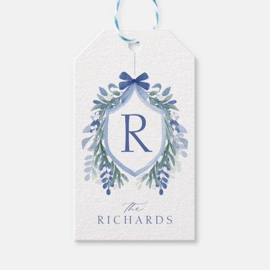 Waterverf Blue Bow Winter Greenery Crest Gift Labe Cadeaulabel (Voorkant)