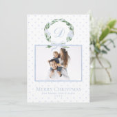 Waterverf Blue Bow Wreath Elegant Foto Kerstmis Feestdagenkaart (Staand voorkant)