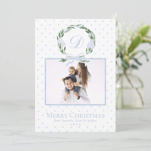 Waterverf Blue Bow Wreath Elegant Foto Kerstmis Feestdagenkaart (Staand voorkant)