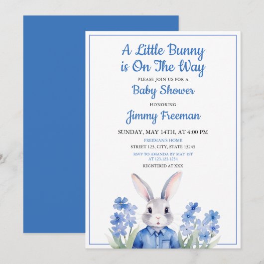 Waterverf Blue Bunny Boy Floral Baby shower Kaart (Voorkant / Achterkant)