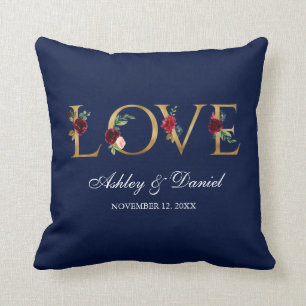 Waterverf Blue Burgundy Floral Gold Love Wedding Kussen