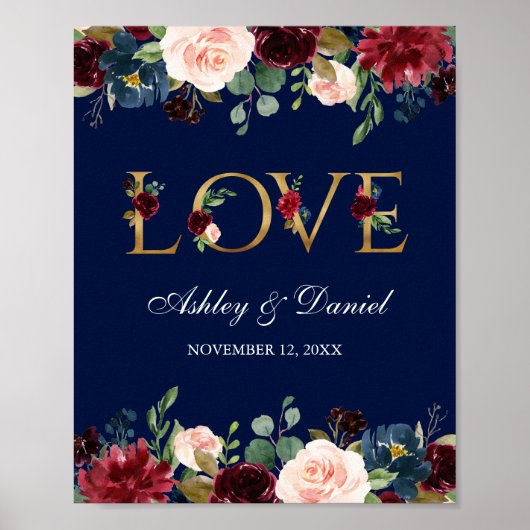 Waterverf Blue Burgundy Floral Gold Love Wedding Poster (Voorkant)