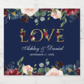Waterverf Blue Burgundy Floral Gold Love Wedding Sparkling Wijnetiket (Enkel label)