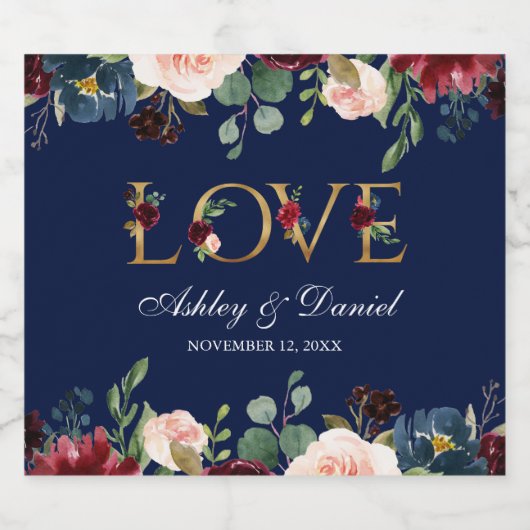 Waterverf Blue Burgundy Floral Gold Love Wedding Sparkling Wijnetiket (Enkel label)