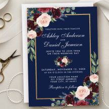 Waterverf Blue Burgundy Floral Gold Wedding