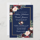 Waterverf Blue Burgundy Floral Gold Wedding Kaart (Voorkant)