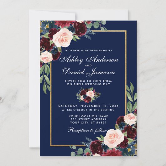 Waterverf Blue Burgundy Floral Gold Wedding Kaart (Voorkant)