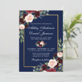 Waterverf Blue Burgundy Floral Gold Wedding Kaart (Staand voorkant)