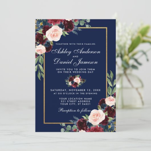 Waterverf Blue Burgundy Floral Gold Wedding Kaart (Staand voorkant)