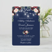 Waterverf Blue Burgundy Floral Lights Wedding W Kaart (Staand voorkant)