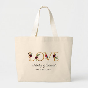 Waterverf Blue Burgundy Floral Love Gold Wedding Grote Tote Bag