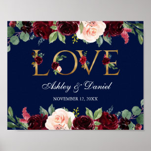 Waterverf Blue Burgundy Floral Love Gold Wedding Poster