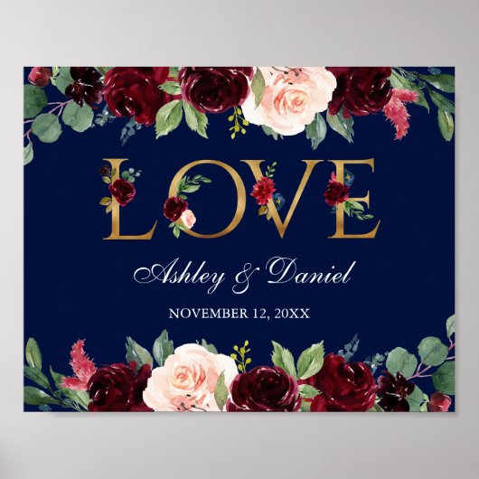 Waterverf Blue Burgundy Floral Love Gold Wedding Poster (Voorkant)