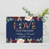 Waterverf Blue Burgundy Floral Love Save the Date (Staand voorkant)