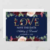 Waterverf Blue Burgundy Floral Love Save the Date (Voorkant / Achterkant)