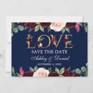 Waterverf Blue Burgundy Floral Love Save the Date