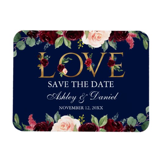 Waterverf Blue Burgundy Floral Love Save the Date Magneet (Horizontaal)