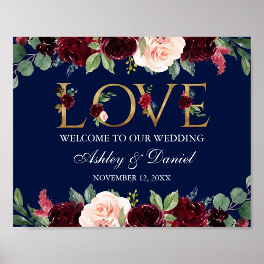 Waterverf Blue Burgundy Floral Love Weddenschap Go Poster (Voorkant)