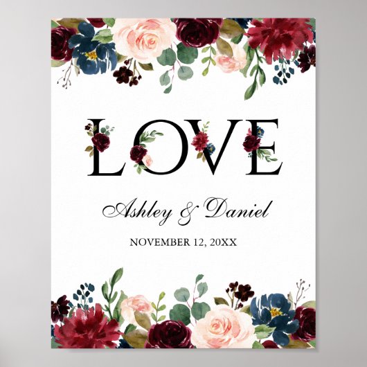 Waterverf Blue Burgundy Floral Love Wedding Poster (Voorkant)