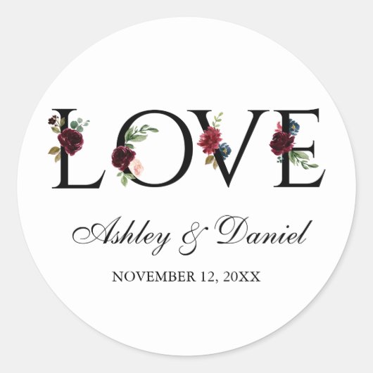 Waterverf Blue Burgundy Floral Love Wedding Ronde Sticker (Voorkant)