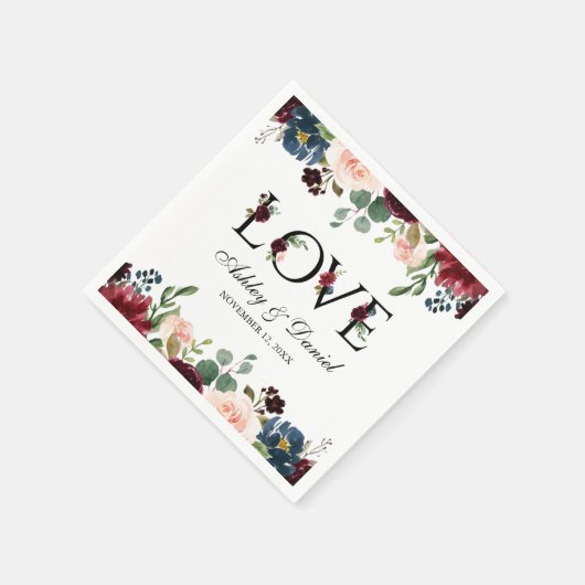 Waterverf Blue Burgundy Floral Love Wedding Servet (Hoek)