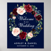 Waterverf Blue Burgundy Floral Wedding Welcome Poster (Voorkant)