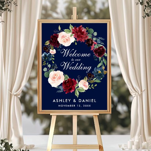 Waterverf Blue Burgundy Floral Wedding Welcome Poster