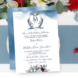 Waterverf Blue Burgundy Paars Floral en Crest Kaart