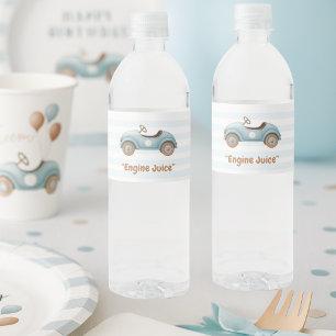 Waterverf Blue Car "Engine Juice" Kids Verjaardag Waterfles Etiket