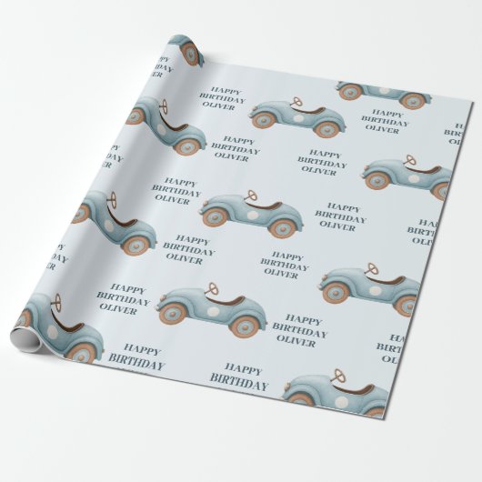 Waterverf Blue Car | Gelukkige verjaardag Cadeaupapier (Uitgerold)