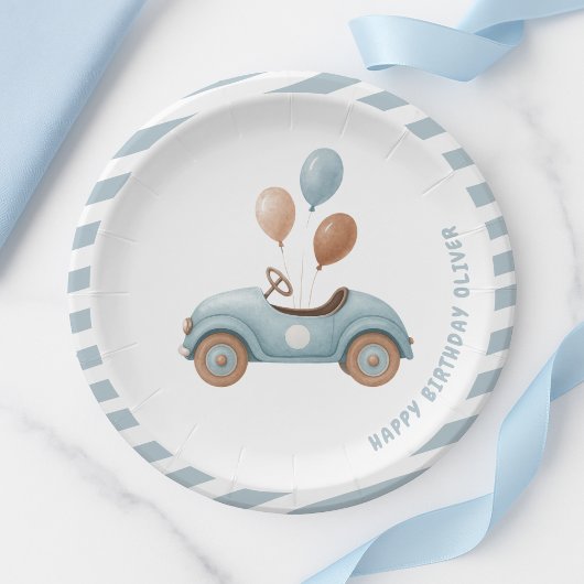 Waterverf Blue Car Verjaardag | Custom Boys Party Papieren Bordje