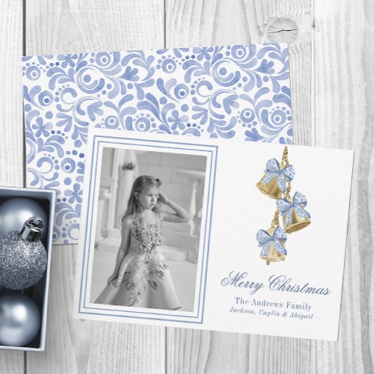 Waterverf Blue Chinoiserie Bow Bells Foto Feestdagenkaart