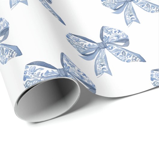 Waterverf Blue Chinoiserie Bows Cadeaupapier (Rol Hoek)