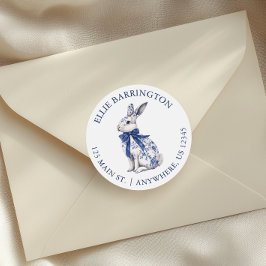 Waterverf Blue Chinoiserie Bunny Rabbit Adres Ronde Sticker