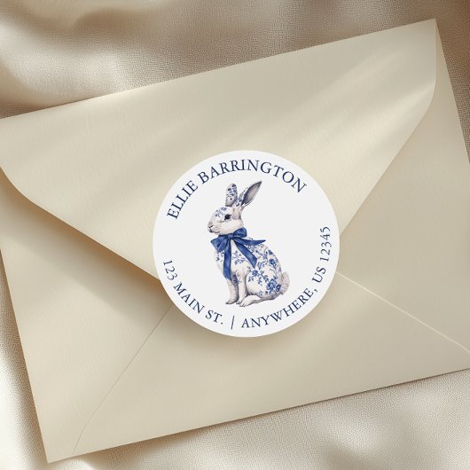 Waterverf Blue Chinoiserie Bunny Rabbit Adres Ronde Sticker