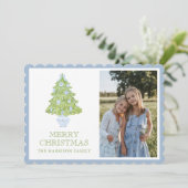 Waterverf Blue Chinoiserie kerstboom Foto Feestdagenkaart (Staand voorkant)