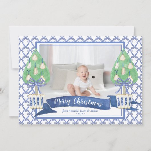 Waterverf Blue Chinoiserie kerstboom Foto Feestdagenkaart (Voorkant)