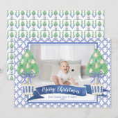 Waterverf Blue Chinoiserie kerstboom Foto Feestdagenkaart (Voorkant / Achterkant)