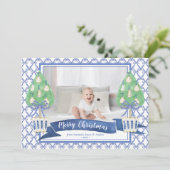 Waterverf Blue Chinoiserie kerstboom Foto Feestdagenkaart (Staand voorkant)