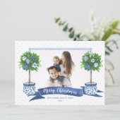 Waterverf Blue Chinoiserie kerstboom Foto Feestdagenkaart (Staand voorkant)