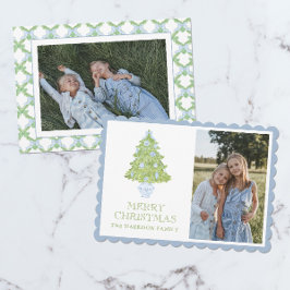 Waterverf Blue Chinoiserie kerstboom Foto Feestdagenkaart