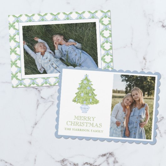 Waterverf Blue Chinoiserie kerstboom Foto Feestdagenkaart